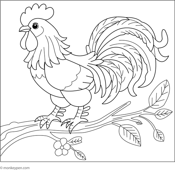 Free colouring page of a rooster perched on a tree branch with leaves and sky, suitable for nature-themed activities.
