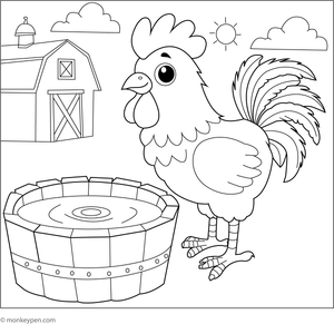 Free colouring page of a rooster at a water trough with farm details, promoting observation and fine motor skills.
