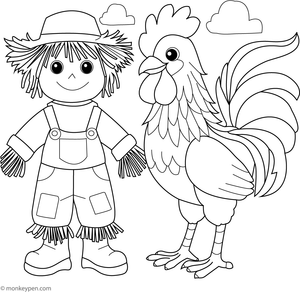 Free colouring page of a rooster with a scarecrow in a harvest field, promoting creativity and seasonal themes.
