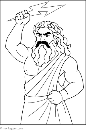  Printable coloring page depicting Zeus holding his powerful thunderbolt, ideal for Greek mythology educational activities.