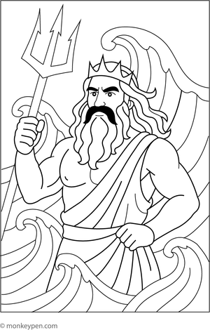Free printable coloring page featuring Poseidon with his trident amid the rolling ocean waves.