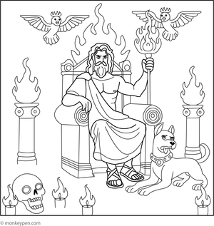  Kids’ coloring page illustrating Hades presiding over his fiery underworld in Greek mythology.