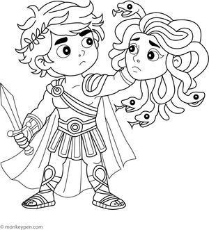 Free printable coloring page showing Perseus holding the Gorgon’s head, capturing a heroic mythological scene.