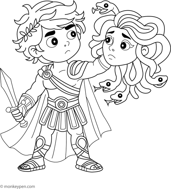 Free printable coloring page showing Perseus holding the Gorgon’s head, capturing a heroic mythological scene.