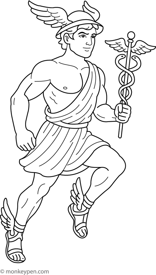 Printable coloring page featuring Hermes with his winged sandals, the messenger god of speed and commerce.