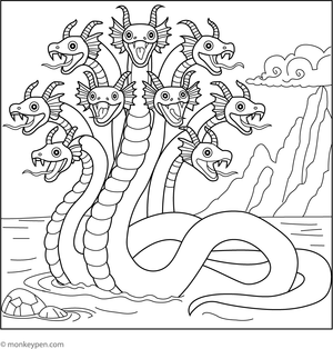 Exciting coloring sheet of the multi-headed Hydra from Greek legends, designed for young learners.