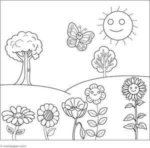  Printable springtime colouring page for children showing flowers, blossoming trees, and lively seasonal scenes, fostering creativity. 