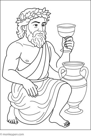  Children’s printable coloring scene of Dionysus, the Greek god of wine and revelry, amidst festivities.