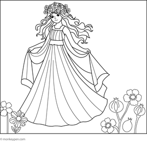 Kids’ coloring page of Persephone, symbolizing springtime and the underworld in Greek mythology.