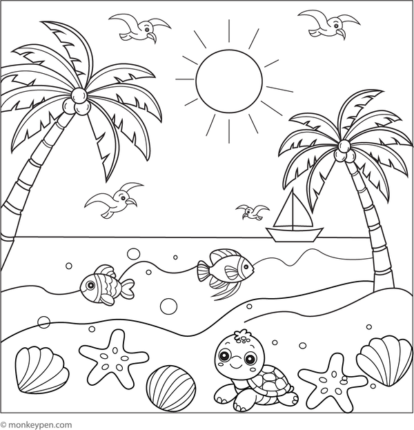 Printable tropical beach colouring page for children showing palm trees and ocean waves on a sunny shoreline, ideal for summer activities. 