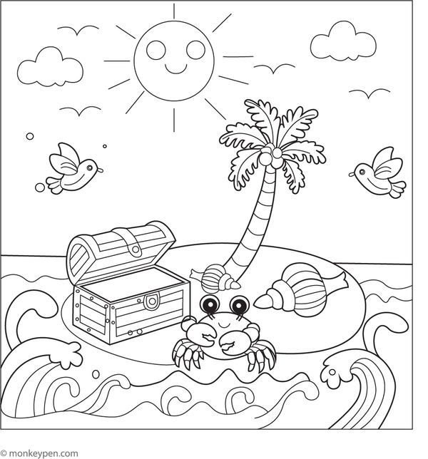 Printable island scene colouring page for children featuring palm trees, sandy beaches, and ocean waves, suitable for tropical-themed lessons. 