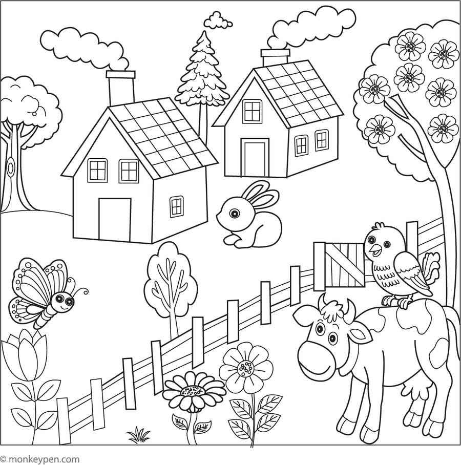 Village Scene | Free Coloring Pages