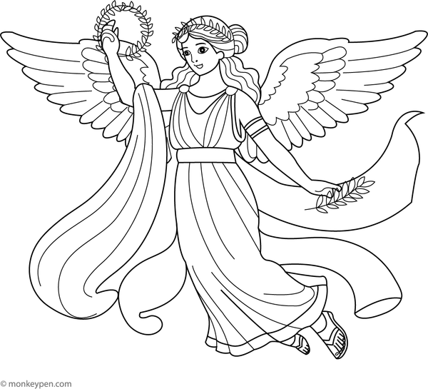 Kids’ coloring page portraying Nike soaring with grace, symbolizing triumph.