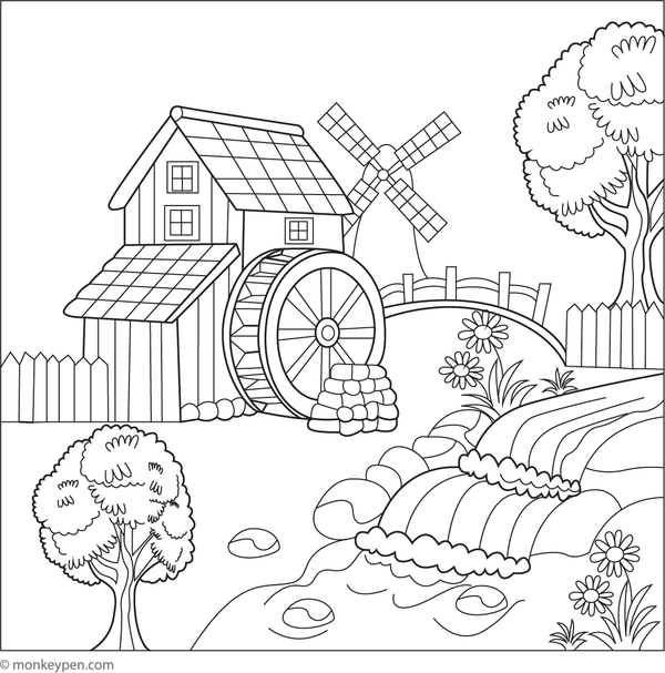Printable watermill colouring page for children featuring a traditional water wheel beside a river, fostering appreciation of countryside scenery.
