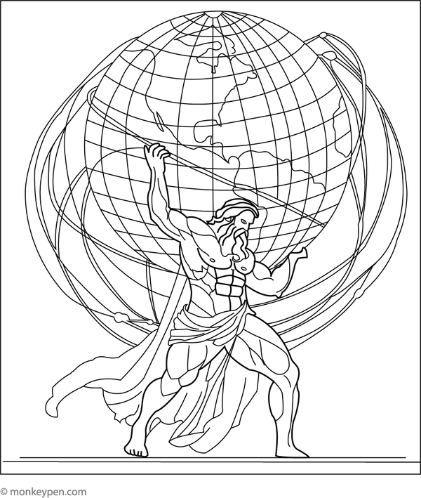 Kids’ coloring page illustrating Atlas bearing the world on his shoulders, a classic Greek legend.
