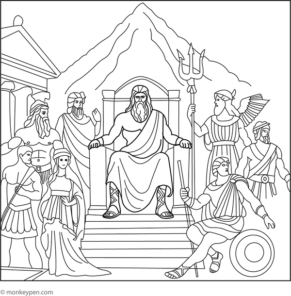Printable coloring scene of Mount Olympus teeming with Greek gods, a majestic mythological setting for young artists.