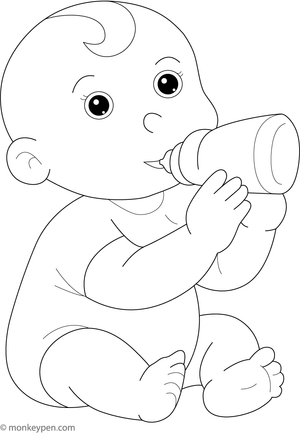 Baby drinking milk from a bottle, swaddled in a blanket, ready for coloring.