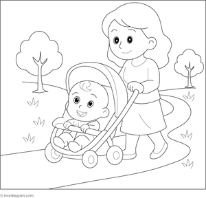 Baby resting in a stroller, wrapped in a blanket, ready for coloring.