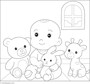 Baby surrounded by plush animal toys, designed for colouring.