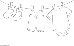 Baby onesies hanging on a clothesline, fluttering in the breeze, ready to be coloured.