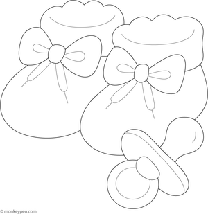 Baby booties and a pacifier positioned on a blanket, prepared for colouring.
