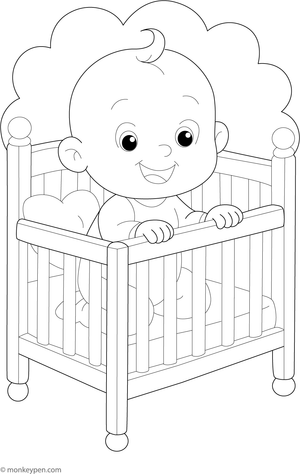 Baby sleeping tranquilly in a crib, amidst soft blankets and a mobile, ready for colouring.