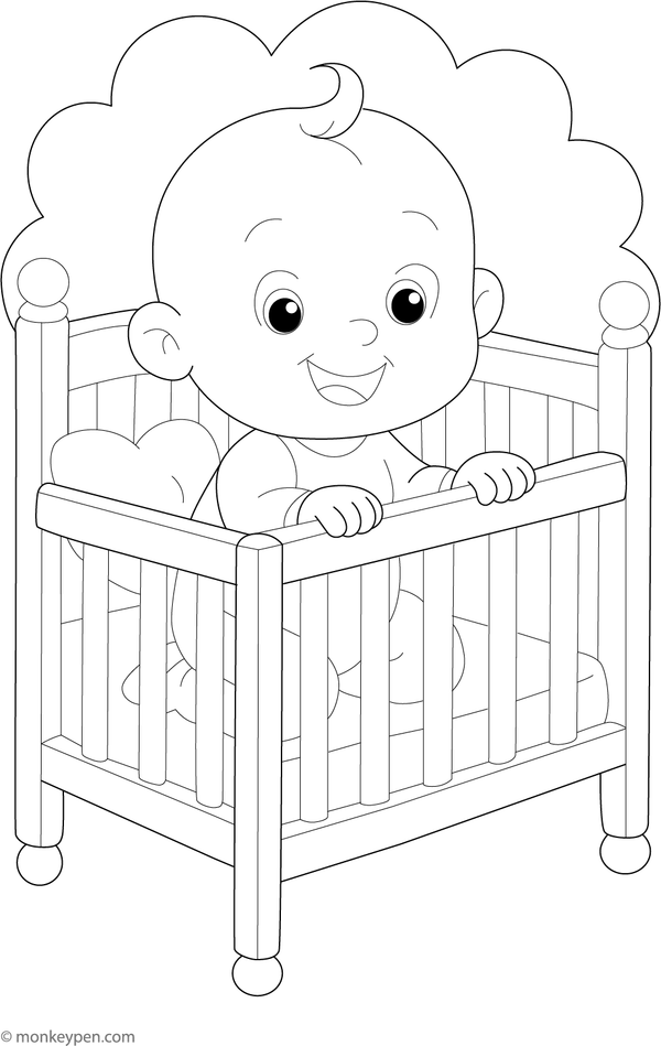 Baby sleeping tranquilly in a crib, amidst soft blankets and a mobile, ready for colouring.