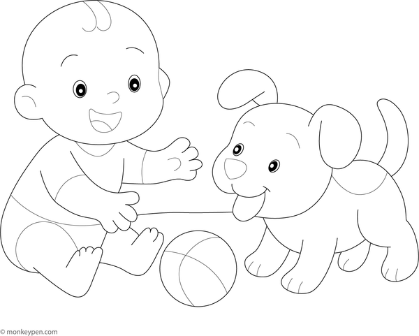 Baby and puppy playing, sharing fun and laughter, ready to be coloured.