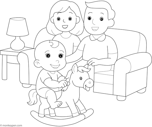 Baby riding a rocking horse, enjoying the movement, ready to be colored.
