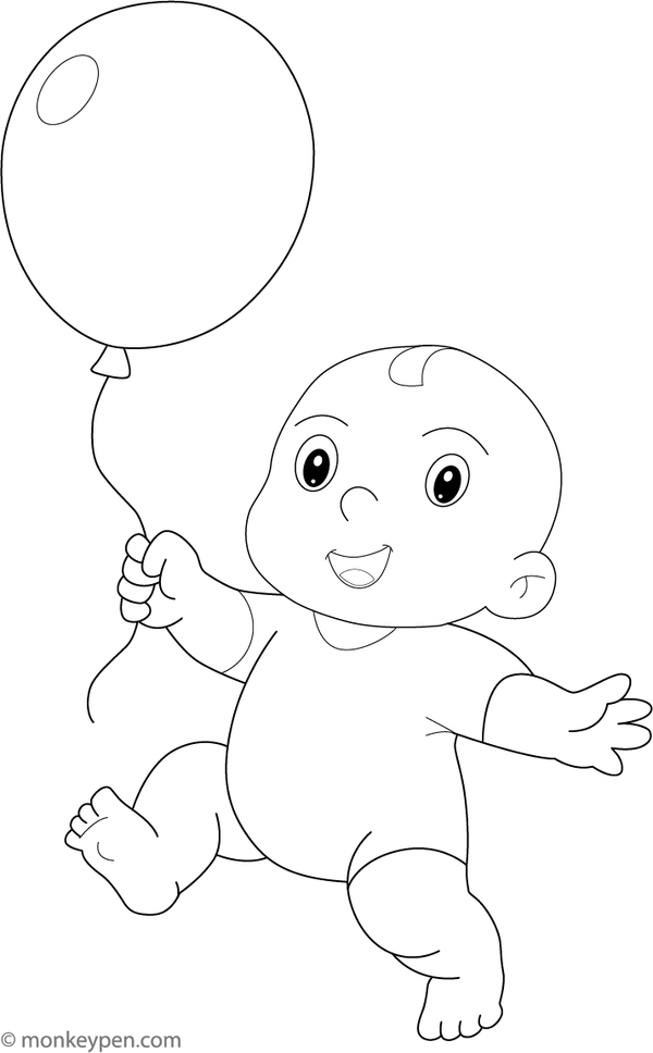 Baby holding a colorful balloon, smiling with joy, ready to be colored.