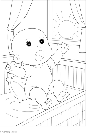 Baby waking up and stretching in a crib, surrounded by soft surroundings, ready to be colored.