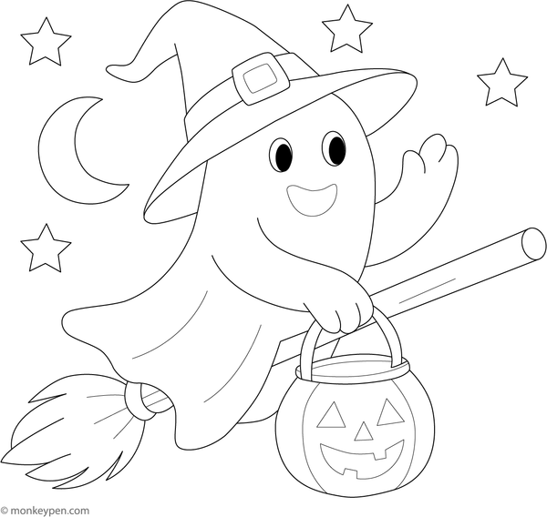 Ghost flying on a broomstick through a starry night sky, ready to be coloured.
