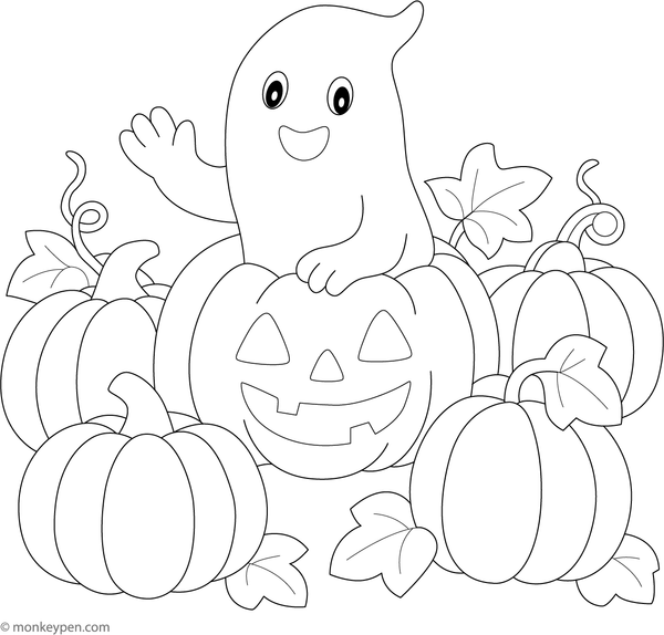 Ghost among pumpkins in a pumpkin patch, ready to be coloured.