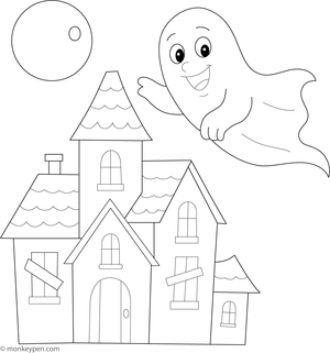 Ghost flying out of a haunted house, surrounded by spooky details, ready to be colored.