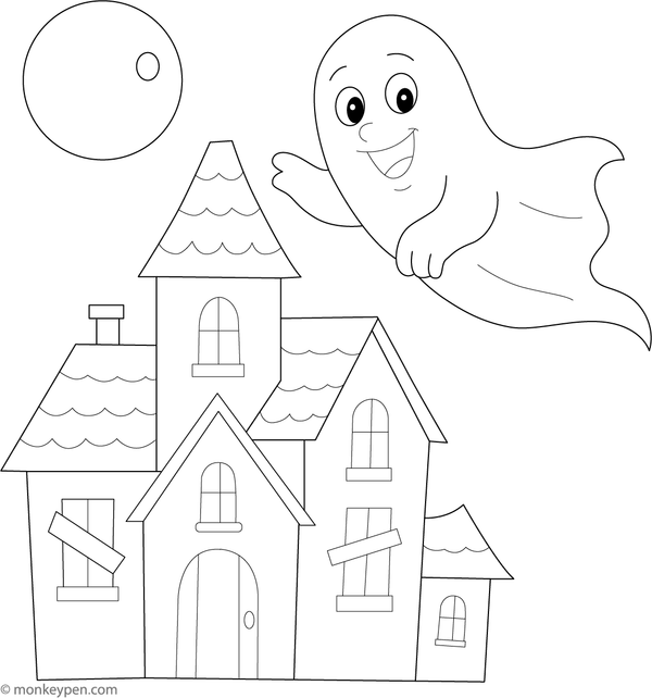 Ghost flying out of a haunted house, surrounded by spooky details, ready to be colored.