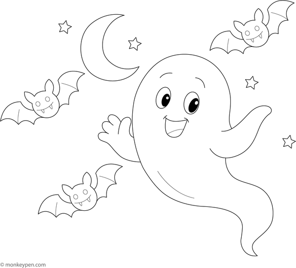 Ghost surrounded by flying bats under a full moon, ready to be colored.