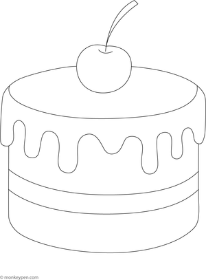 Single-layer cake with frosting and a cherry on top, ready for kids to colour.