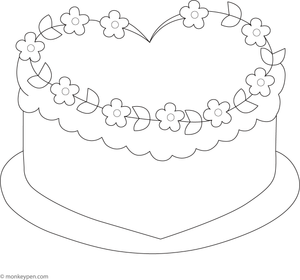 Heart-shaped cake with roses and frosting, ready for kids to colour.