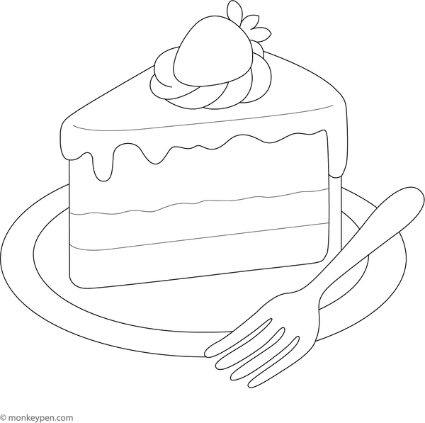 Slice of cake on a plate, topped with frosting and decorations, ready for kids to colour.