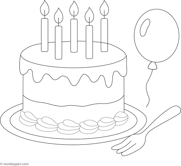 Birthday cake with candles, surrounded by balloons and streamers, ready for kids to colour.