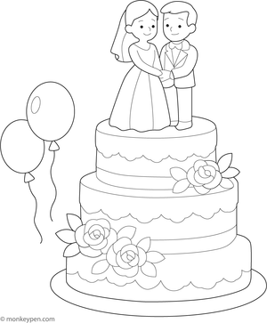 Wedding cake with floral decorations, featuring multiple tiers of frosting, ready to be coloured.