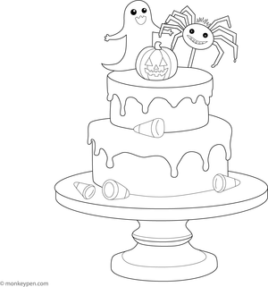 Halloween-themed cake decorated with pumpkins, spider, and ghost, ready for coloring.