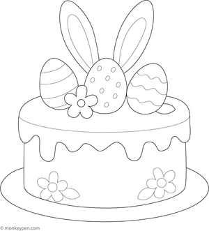 Easter cake decorated with bunny ears and multicolored eggs, ready to be colored.