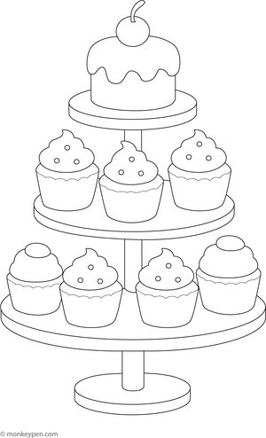 A stacked cupcake tower with mini cakes and colorful toppings, ready for coloring.