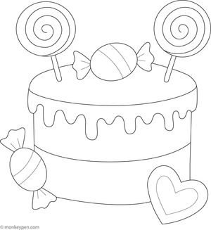 Cake decorated with candies, cookies, and lollipops, for children to color.