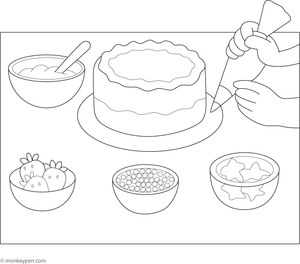 Table with cake decorating supplies and a cake ready to be decorated, for children to color.
