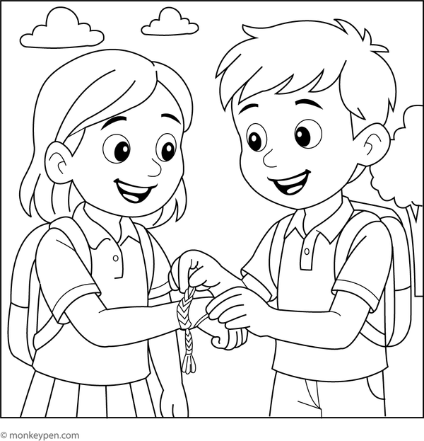 Coloring illustration depicting two friendship bracelets adorned with beads and charms, representing an engaging craft activity suitable for children.  