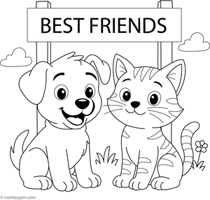 Colouring illustration of a playful puppy and kitten seated together, illustrating a charming scene of animal friendship intended for young audiences.  