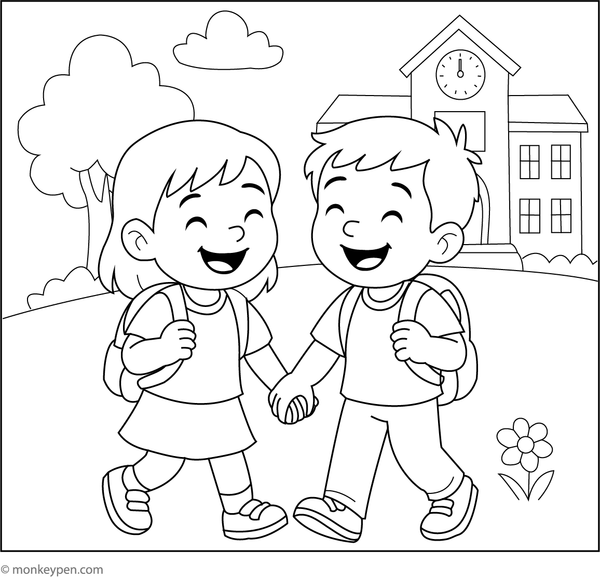 Colouring illustration of children engaged in play and conversation within a schoolyard environment, illustrating outdoor friendship activities for young audiences.  