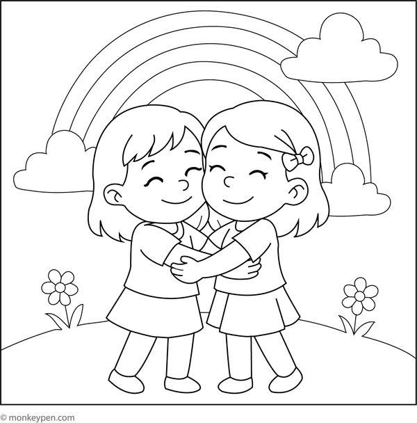 Colouring illustration of two children sharing a hug beneath a rainbow sky, embellished with flowers, representing a scene of friendship and warmth.  